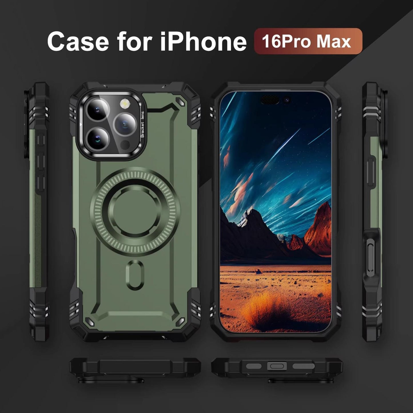 Cross-border Compatible iPhone 17 16 15 14 13 12 Plus Pro Max Air Four-corner Anti-drop Magnetic Phone Case Apple 17 Lens Frame Stand Protective Cover