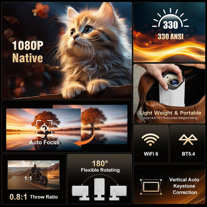 [US warehouse] Magcubic Auto Focus HY310 Projector 330ANSI Google Assistant 4K Decode Native 1080P BT5.4 WIFI6 Android 11 Built-in Speaker Allwinner H713 180° Flexible 130"Screen 60Hz Reflash Home Cinema Mini Portable Projector Wireless Local