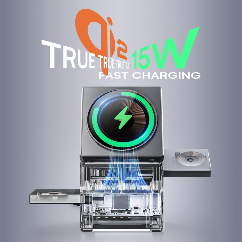 Three in one wireless charger, fast charging, Qi2 certified, suitable for iPhone, iWatch, AirPods headphone charging stations, touch pop-up charging, easy to carry wireless charger,Wireless Multi-Device Charging touch pop-up charging,Gifts,Mother's Day