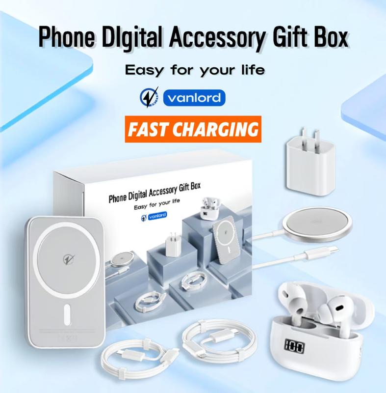 6-in-1 Magnetic Charging and Bluetooth  earphones Kit: MagSafe battery pack, Fast Charge, MagneticPower Bank, Wireless Charger, Type-C toLightning Cable, Adapter & Audio Support,Compact & Portable