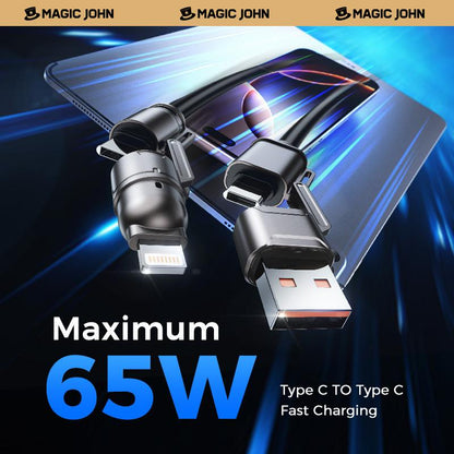 NEW - MAGIC JOHN USB Type C Charging Cable, 4 in 1 Function, 65W Fast Charging, Liquid Silicone and Aluminum Alloy Material, Braided Data Cable, Black & Gray