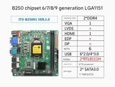 B250 B365 Motherboard Mini-ITX SBC IPC Mainboard Industrial Board Mini ITX Support 6/7/8/9th LGA1151 CPU 6*COM 2*LAN PS/2 VGA