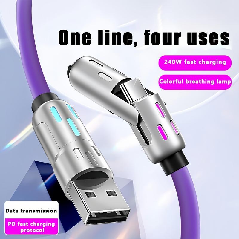 [Buy 1 Get 1 Free] 6.6ft  4-in-1 Multi USB Charging Cable with USB A,Type C,Lightning-MAX240W Fast Charging & Data Sync for iPhone16/15,iPad Pro, Samsung & Laptops fast charger usb cable 4-in-1 fast Breathing Light  -max 1 usb-c data 4 1 charging cable