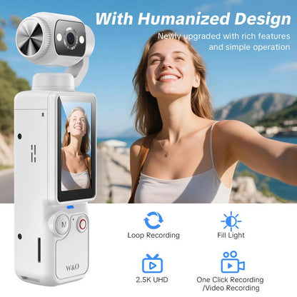 W&O Portable 2.5K Ultra HD Video Recorder with 180° Rotating Lens, Handheld Stabilizer Pocket Camera, Full Body Camera for Vlogging, Travel & Daily Life Recording, USB Rechargeable, Black, Vlogging Camera, Modern Gadget, Durable Construction, Camcorder