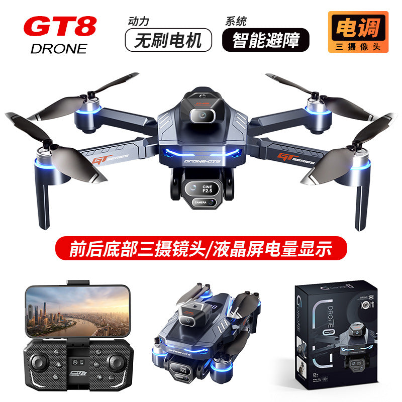 Cross-border Drone GT8Three-Camera Aerial Photography Four-Axis Flight Power Display Over-Distance Reminder Remote Control Toy Airplane