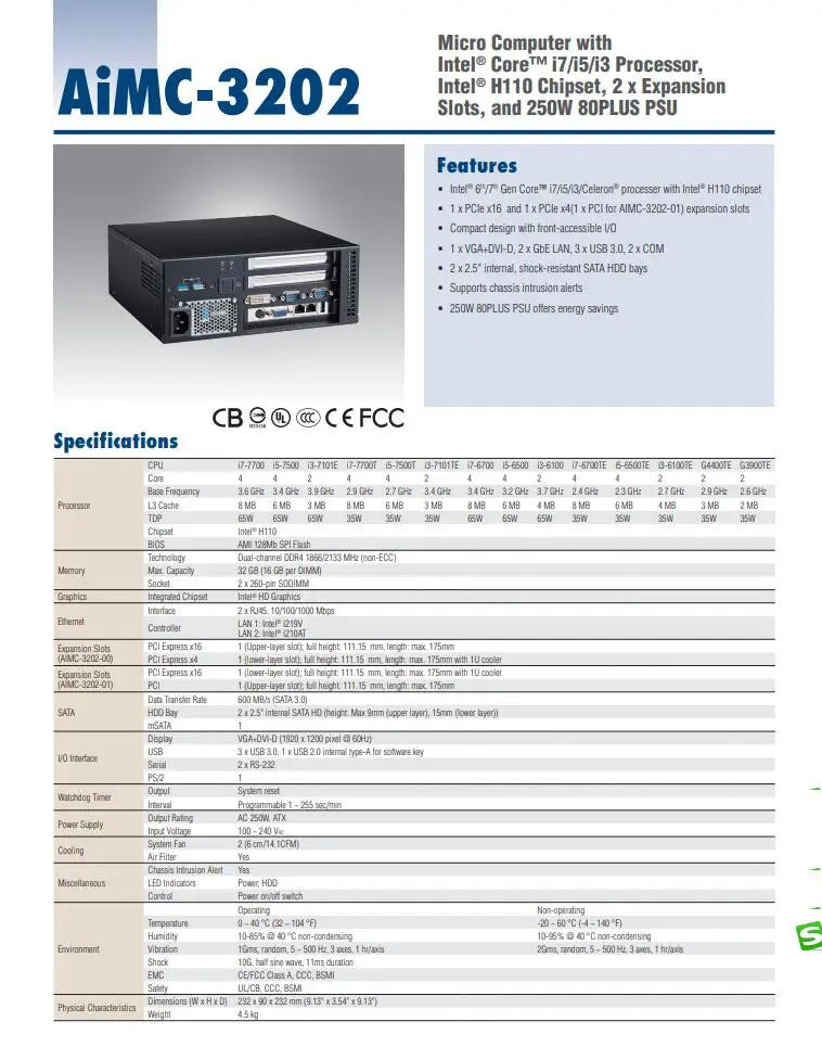 AIMC-3202 New Original Embedded Industrial Computer Mini Industrial Vision PC with VGA 2COM 3USB 2LAN PCIe x16 PCIe x4 DDR4