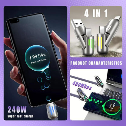[Buy 1 Get 1 Free] 6.6ft  4-in-1 Multi USB Charging Cable with USB A,Type C,Lightning-MAX240W Fast Charging & Data Sync for iPhone16/15,iPad Pro, Samsung & Laptops fast charger usb cable 4-in-1 fast Breathing Light  -max 1 usb-c data 4 1 charging cable