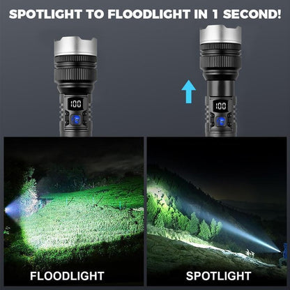 EXOVAN 2-in-1 Strong Flashlight (Power Bank)，Digital display of power, Rechargeable，Zoomable, , X4Waterproof, Adjustable Brightness Flash Light for Outdoor, Emergency, Camping Accessories，Black