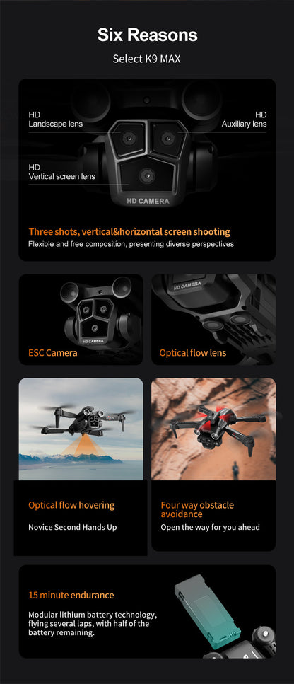 Cross-Border K9MAX Drone Aerial Photography Three Lens Four Axis Aircraft Optical Flow Obstacle Avoidance Remote Control Aircraft Toy drone