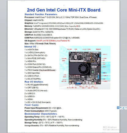 i3-2310M New Original Mini-ITX Mainboard For Intel Core  CPU IPC SBC Embedded Motherboard Ivybridge with 6*COM 1*Giga LVDS DC12V