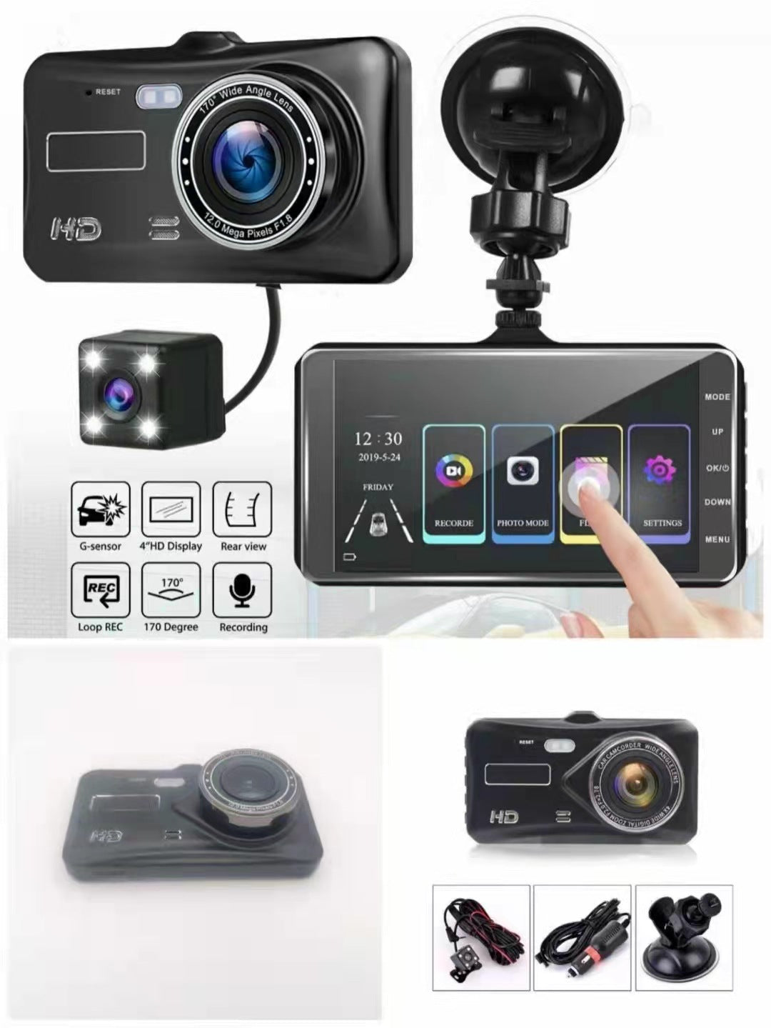 Wow4Touch Screen Dash Cam HD Dual Lens Reversing Camera1080P Dual Front and Rear Camera Recording