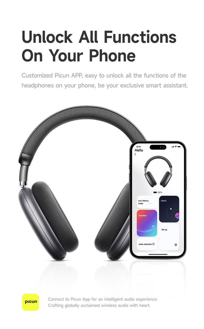 Picun F8 Pro Wireless Headphones - 52dB Noise Cancellation, 5 Smart ENC Mics, Detachable Fabric Ear Cushions, 140 Hour Long Battery Life,  Premium Audio Seamless Dual Device Connection for All-Day Use and Boosted Productivity Bluetooth