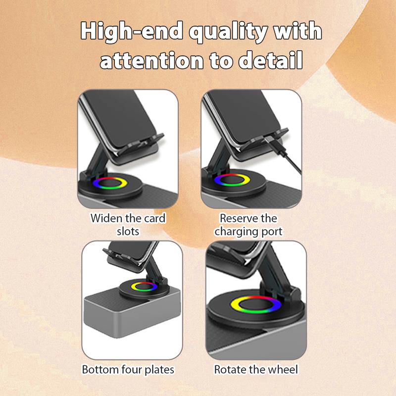 Wireless Audio Bluetooth Speaker 5in1 Phone Holder Emergency Rechargeable withColorful Ambient Light 300° Foldable for Tablet iPhone Android, Gifts for Men Women ，Black