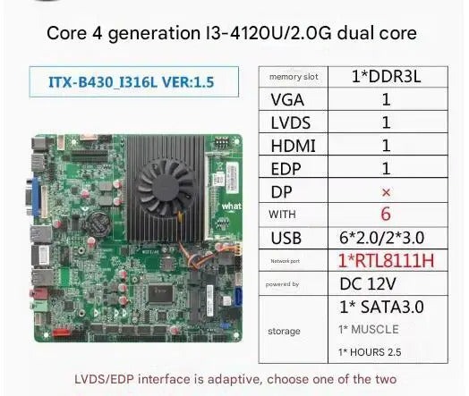 i3-4120u Mini-ITX Motherboard 4th Core Intel CPU IPC SBC Embedded Ultra-thin Mainboard with 6COM LAN DC-12V DDR3L 6USB LVDS EDP