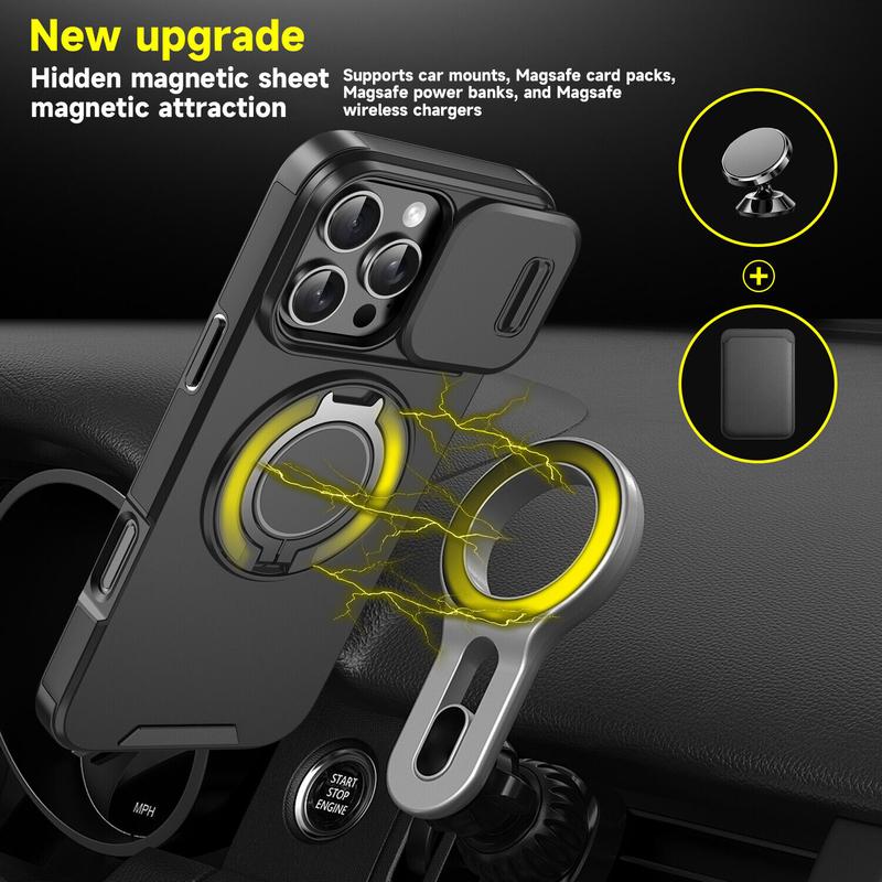 For iPhone 16 Pro Max 15 14 13 12 11 Magnetic Ring Stand Case w/Slide Lens Cover 360 Rotated Ring Kickstand Holder Military Grade Shock proof Slide Camera Protective Cover Phone Case