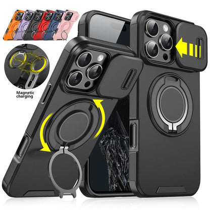 For iPhone 16 Pro Max 15 14 13 12 11 Magnetic Ring Stand Case w/Slide Lens Cover 360 Rotated Ring Kickstand Holder Military Grade Shock proof Slide Camera Protective Cover Phone Case