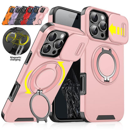 For iPhone 16 Pro Max 15 14 13 12 11 Magnetic Ring Stand Case w/Slide Lens Cover 360 Rotated Ring Kickstand Holder Military Grade Shock proof Slide Camera Protective Cover Phone Case