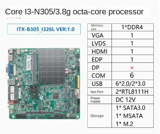 i3-N305 N100 Mini-ITX Motherboard Core Intel CPU IPC SBC Embedded Fanless Ultra-thin Mainboard with COM LPT DC-12V DDR4 EDP
