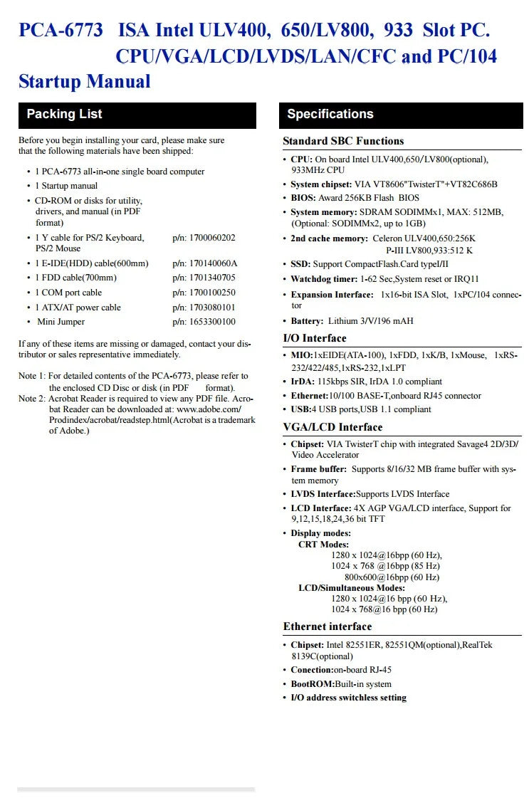 New Original IPC Board PCA-6773 REV:A1 ISA Slot Industrial motherboard Half-Size CPU Card PICMG1.0 Bus SBC With CPU RAM LAN