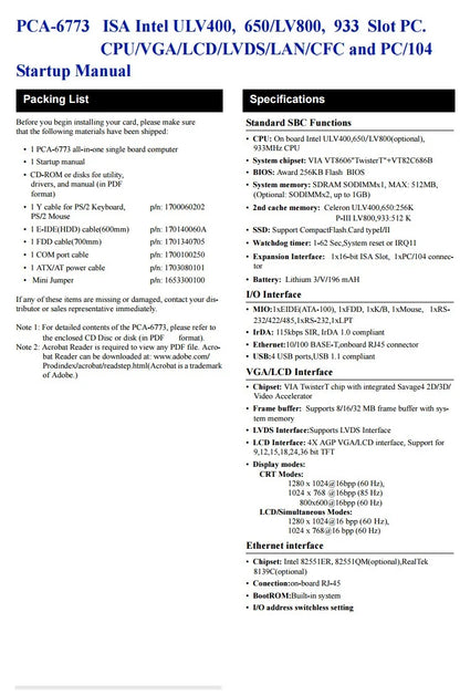 New Original IPC Board PCA-6773 REV:A1 ISA Slot Industrial motherboard Half-Size CPU Card PICMG1.0 Bus SBC With CPU RAM LAN