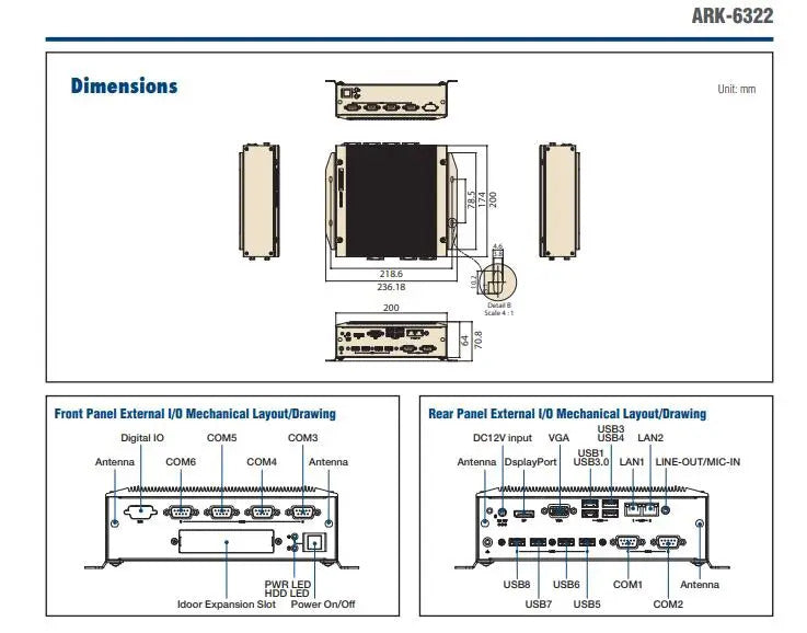 ARK-6322 Fanless Embedded Industrial Computer Mini Industrial PC Quad-core J1900 SoC with VGA 6COM 8USB 2LAN DC-12V