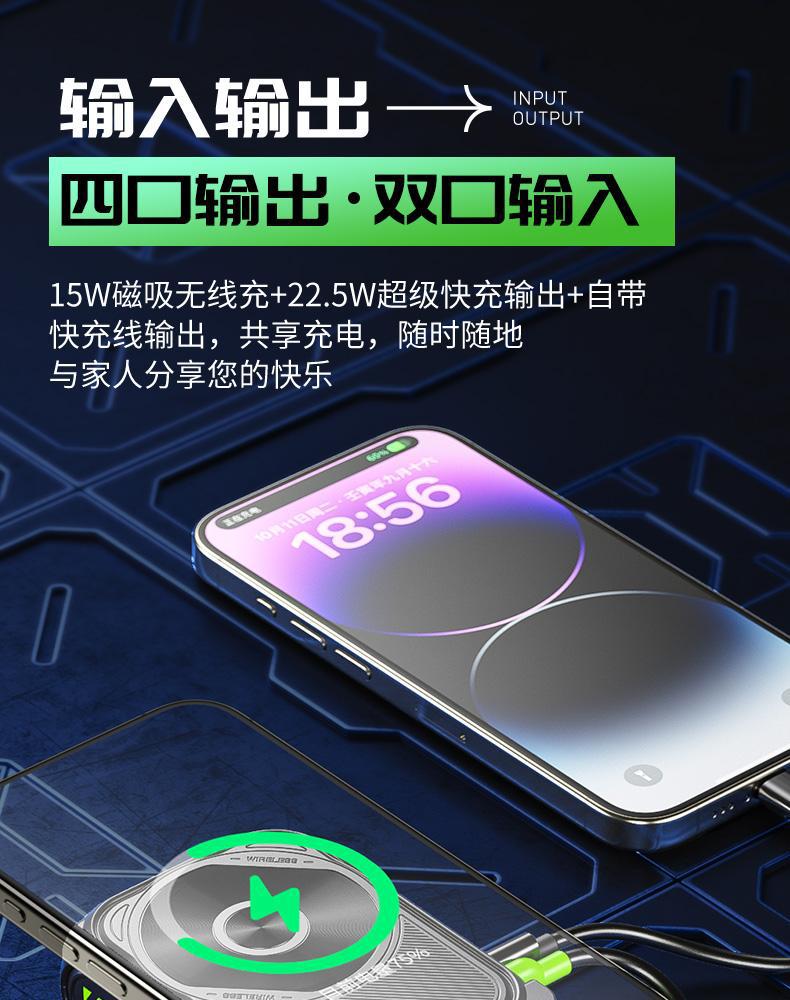 New power bank 5-in-1 magnetic wireless charger with built-in cable multifunctional AC Plug10000Ma Large Capacity