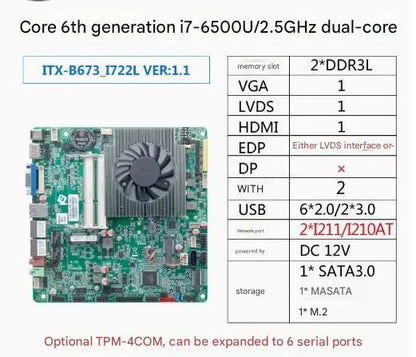 i5-6300u i7-6500u Mini-ITX Motherboard Core CPU IPC SBC Embedded Fanless Ultra-thin Mainboard with COM LPT PS/2 DC12V DDR3L LVDS