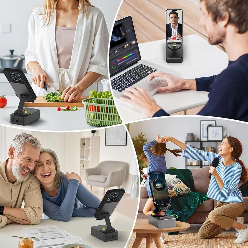 Wireless Audio Bluetooth Speaker 5in1 Phone Holder Emergency Rechargeable withColorful Ambient Light 300° Foldable for Tablet iPhone Android, Gifts for Men Women ，Black