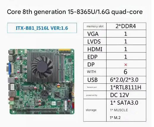 i5-8365u Mini-ITX Motherboard 8th Core Intel CPU IPC SBC Embedded Ultra-thin Mainboard with 6COM LAN DC12V DDR4 6USB LVDS EDP