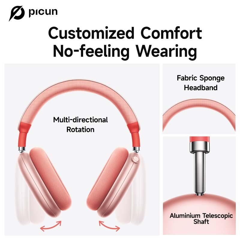 Picun F8 Pro Wireless Headphones - 52dB Noise Cancellation, 5 Smart ENC Mics, Detachable Fabric Ear Cushions, 140 Hour Long Battery Life,  Premium Audio Seamless Dual Device Connection for All-Day Use and Boosted Productivity Bluetooth