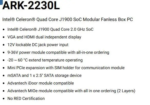 ARK-2230L Fanless Embedded Industrial Computer Mini Industrial BOX PC Quad-core J1900 SoC 1U with VGA 4COM 5USB 2LAN DC-12V