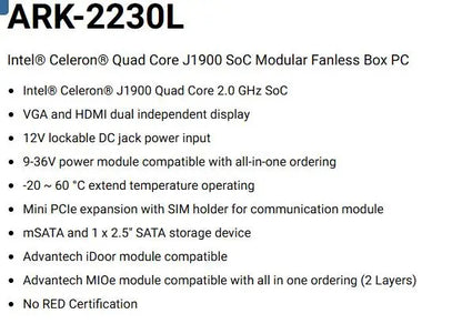 ARK-2230L Fanless Embedded Industrial Computer Mini Industrial BOX PC Quad-core J1900 SoC 1U with VGA 4COM 5USB 2LAN DC-12V