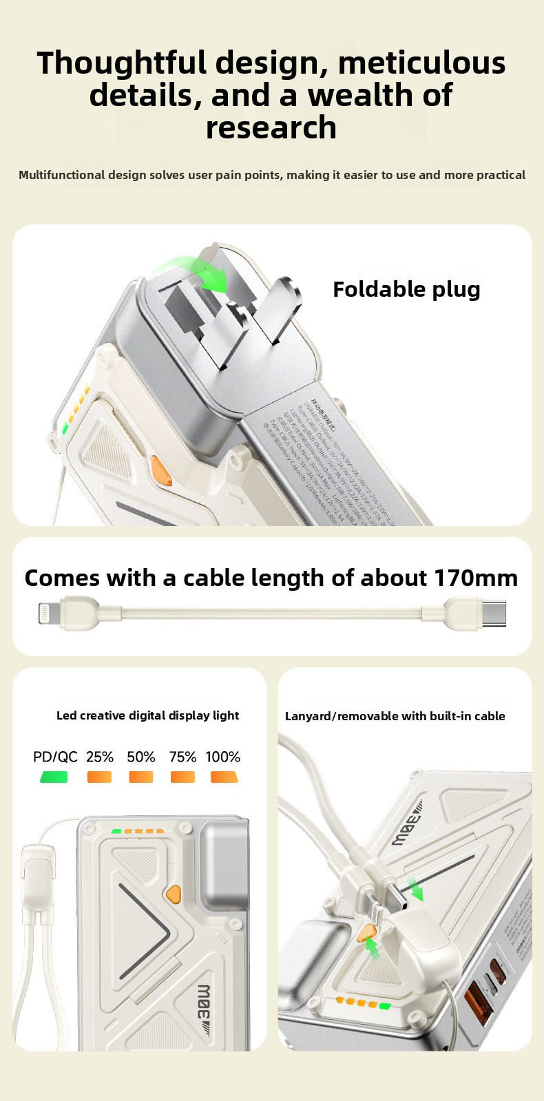 Power Bank AC Power Bank 35W Fast Charging with Built-in Cable Portable Power Supply Magnetic Wireless Charging Stand Multi-Function