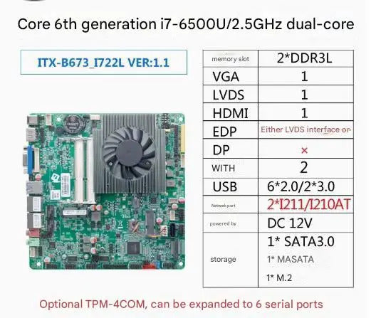 i5-6300u i7-6500u Mini-ITX Motherboard Core CPU IPC SBC Embedded Fanless Ultra-thin Mainboard with COM LPT PS/2 DC12V DDR3L LVDS