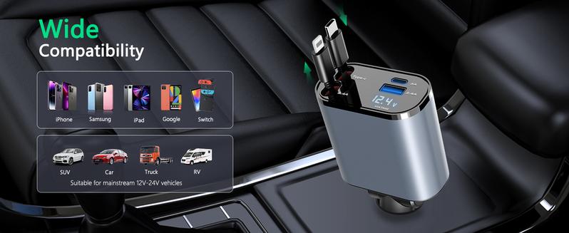 4 in 1 Retractable Car Charger, USB C Fast Charging Adapter[Max100W] with Lightning Cable&Dual Charge Port Compatible with iPhone 15/14/13 Pro Max Plus/iPad/AirPods,Samsung Galaxy S23/S22/S10