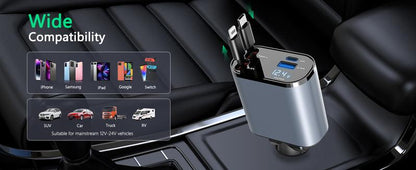 4 in 1 Retractable Car Charger, USB C Fast Charging Adapter[Max100W] with Lightning Cable&Dual Charge Port Compatible with iPhone 15/14/13 Pro Max Plus/iPad/AirPods,Samsung Galaxy S23/S22/S10