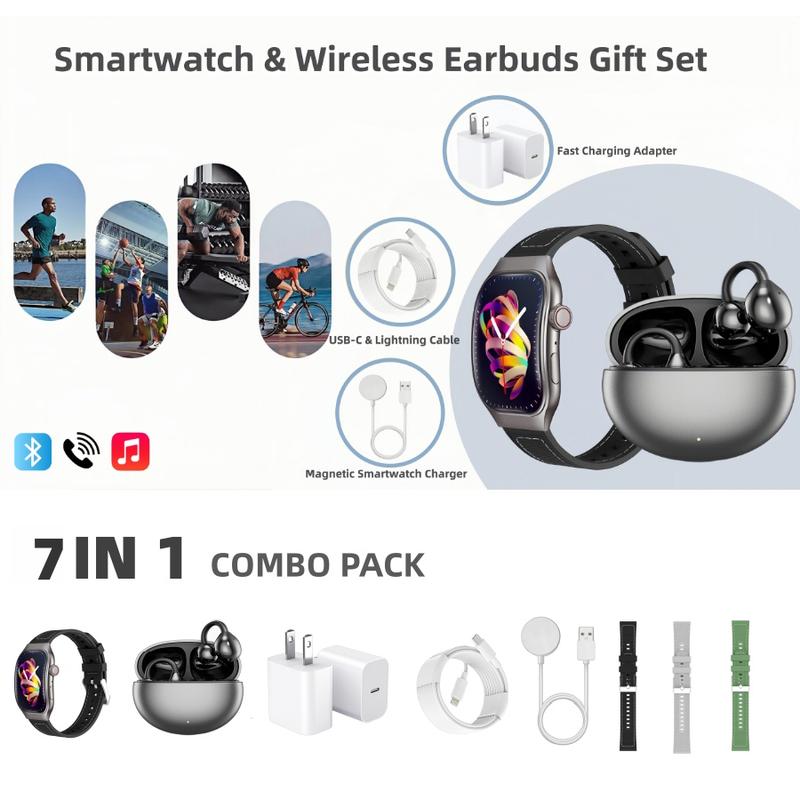 Upgraded 7-in-1 Smartwatch Gift Set – Enhanced Bluetooth Earbuds + Fast Wall Charger + USB Cable + Wireless Watch Charger + 2 Premium Bands | All-in-One Fitness & Everyday Essentials Bundle | Great Value Gift for Men & Women