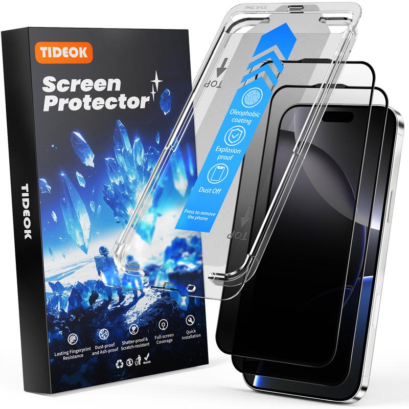 TIDEOK 2 Pack Screen Protector for iPhone 16/15/14/13-10s Fast Install, 9H Hardness, Auto Dust Removal, Bubble-Free, HD Clear, Anti-Spy & Anti-Fingerprint