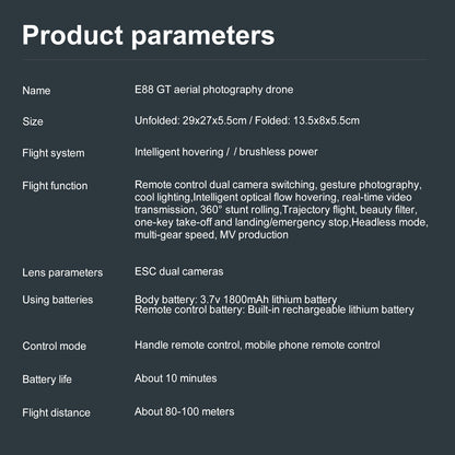 Cross-Border E88 GT Drone with Large Screen ESC Dual Camera HD Aerial Photography Optical Flow Long Battery Life Remote Control Aircraft Toy